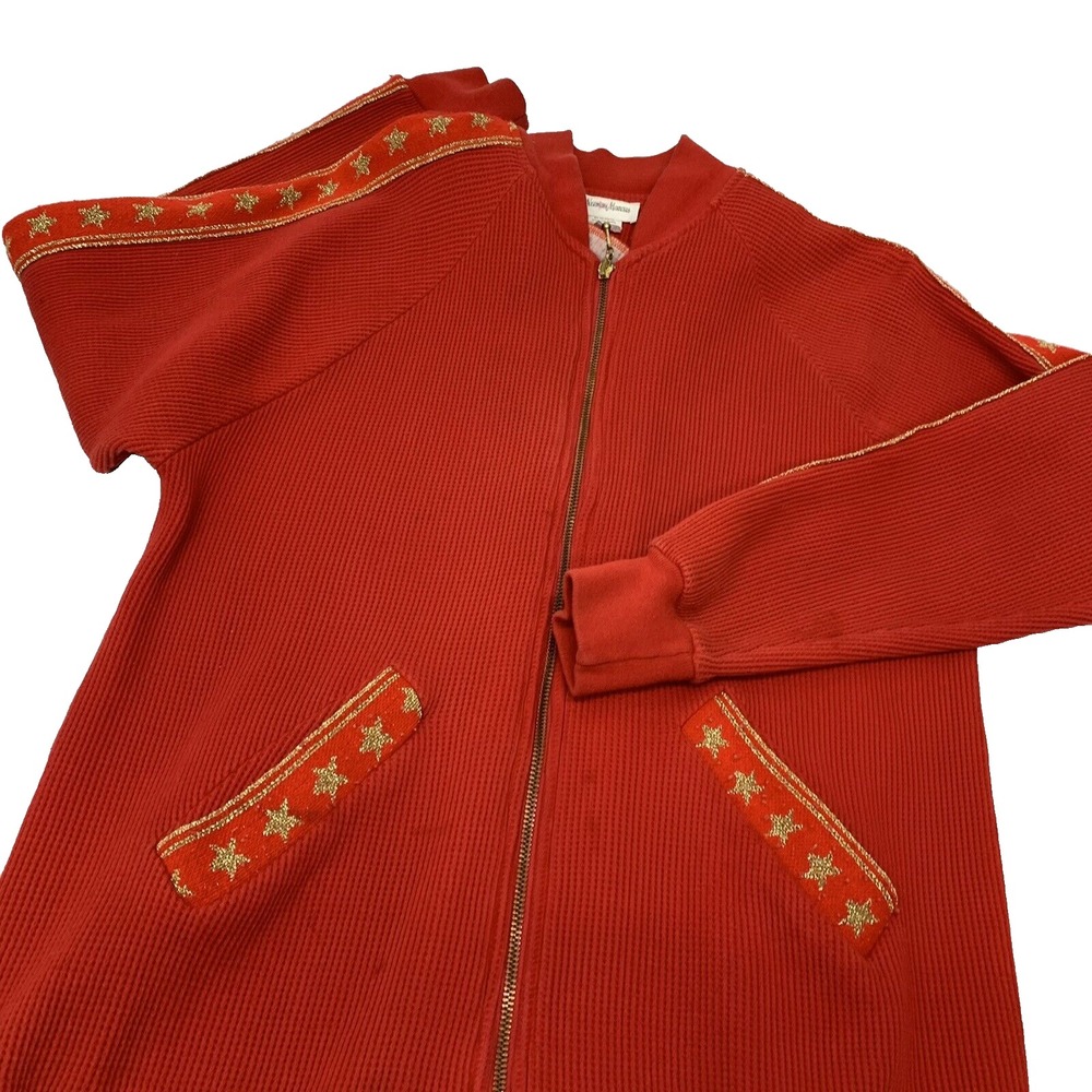 Vtg Neiman Marcus Red Waffle Knit Sweatshirt Woman M Full Zip 100% Cotton USA